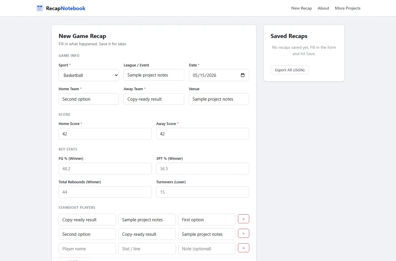 Screenshot of Post-Game Recap Notebook interface showing the project page in use